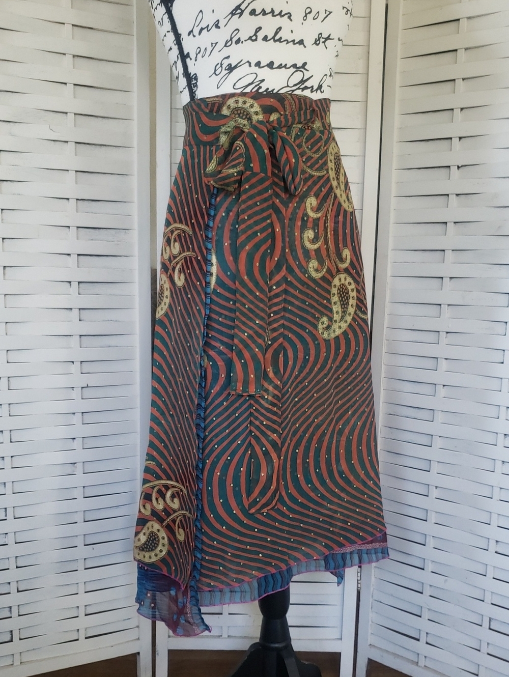 Women's Wrap Skirt - Green & Rust Pattern